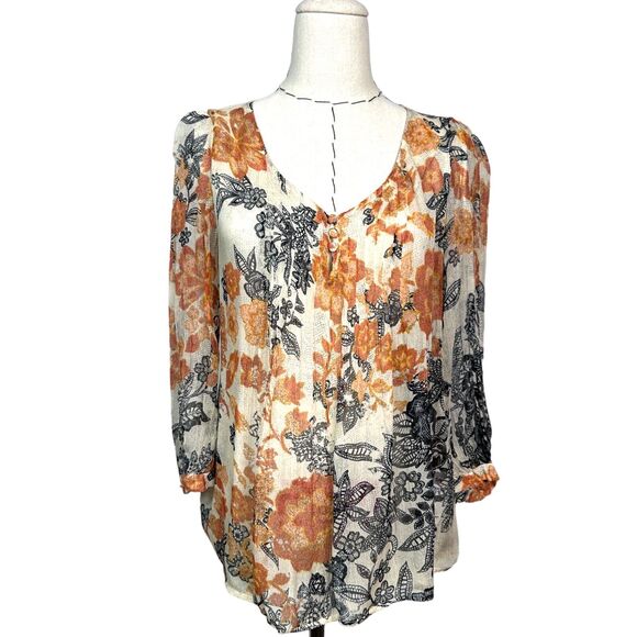 Lucky Brand Blouse Womens Size XS Floral Print Sheer Pleated Boho Lightweight - Picture 1 of 13